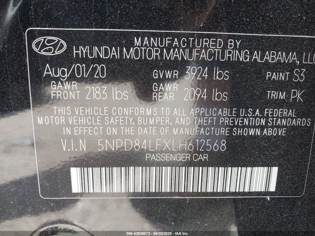 5NPD84LFXLH612568 Hyundai mpi nu