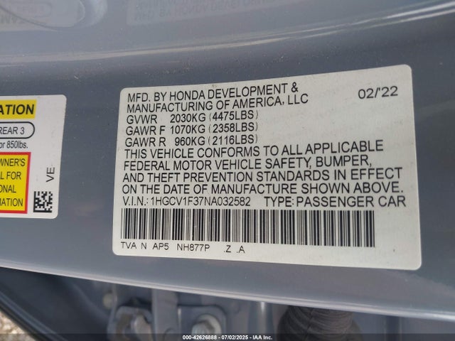 1HGCV1F37NA032582 Honda l15be