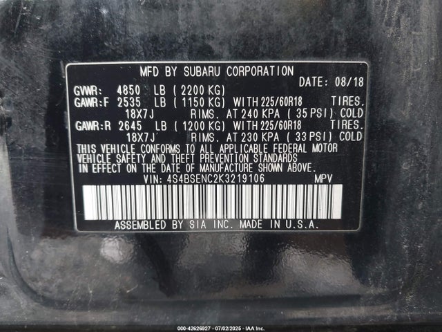 4S4BSENC2K3219106 Subaru na u4