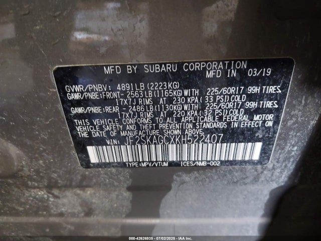 JF2SKAGCXKH522407 Subaru naturally aspirated u5