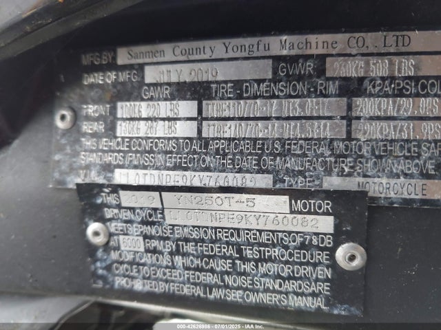 LL0TDNPE9KY760082 Yongfu Yn50qt-5 / Yn125-5 / Yn150t-5 / Yn250t-5 / Yn300-5 Etc