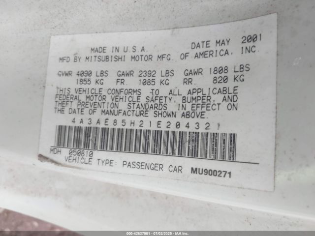 2001 MITSUBISHI ECLIPSE SPYDER 4A3AE85H21E204321 Photo 8