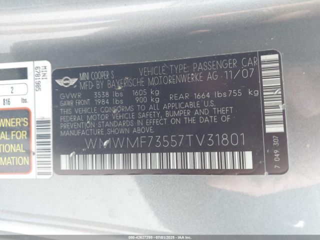 2007 MINI COOPER S WMWMF73557TV31801 Photo 8