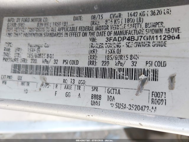 3FADP4BJ7GM112964 Ford 1.6l ti-vct premium fuel