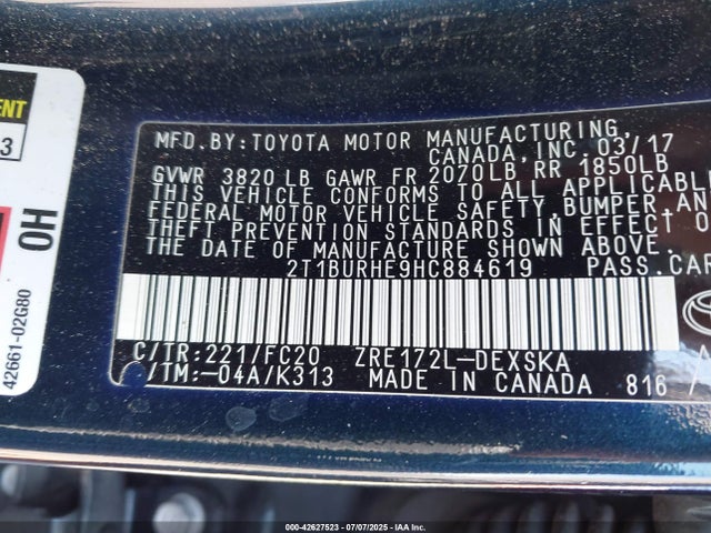 2T1BURHE9HC884619 Toyota 2zr-fe