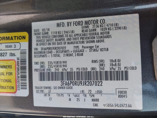 3FA6P0RU9JR207022 Ford 2.0l 4v atk hev