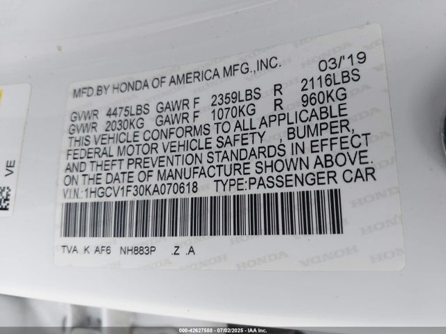 1HGCV1F30KA070618 Honda l15be