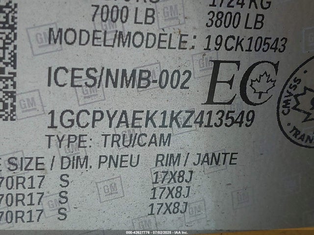 1GCPYAEK1KZ413549 Chevrolet l3b - sidi, vvt, alum
