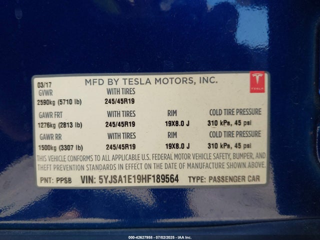 2017 TESLA MODEL S 5YJSA1E19HF189564 Photo 8