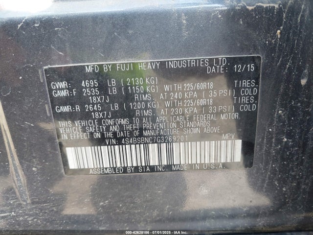 Subaru 2.5l u6 2016 4S4BSBNC7G3269201 Image 9