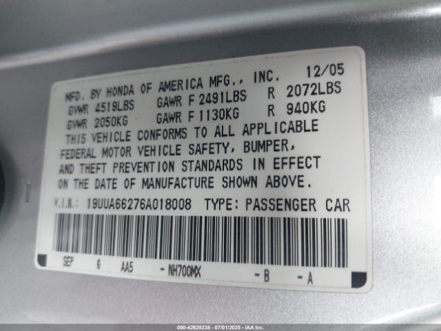 2006 ACURA TL 19UUA66276A018008 Photo 8