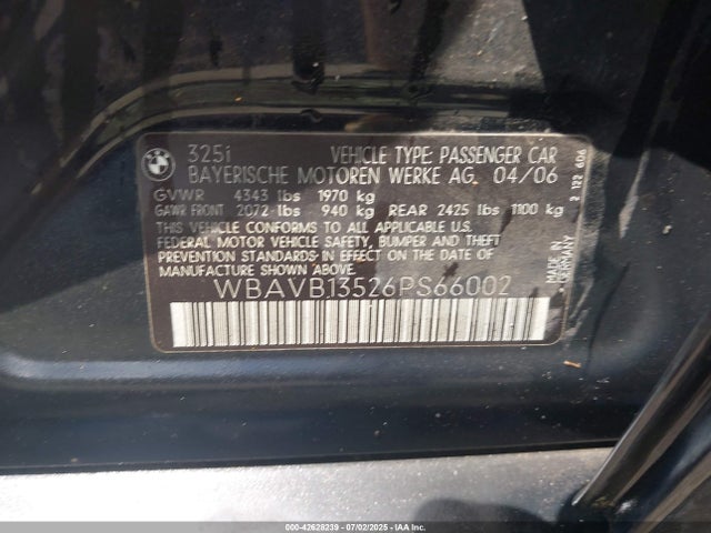 42628239 :رقم المزاد ، WBAVB13526PS66002 vin ، 2006 Bmw 325i مزاد بيع