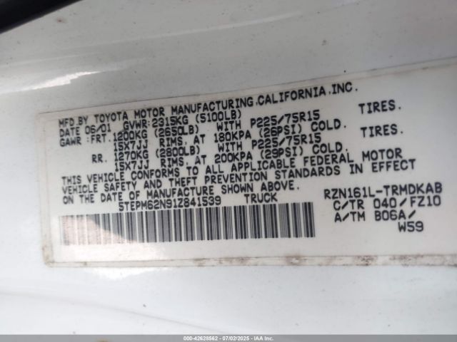 2001 TOYOTA TACOMA 5TEPM62N91Z841539 Photo 8
