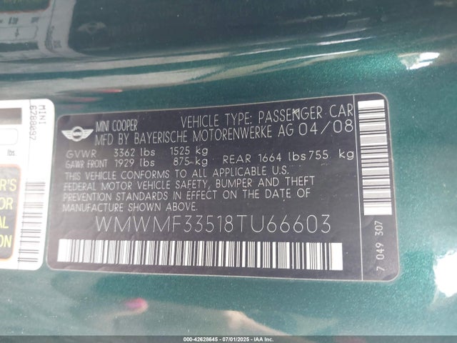 2008 MINI COOPER WMWMF33518TU66603 Photo 8
