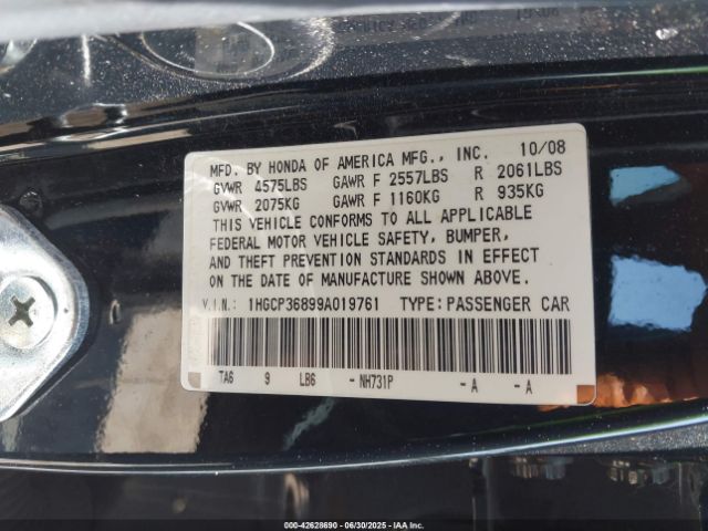 2009 HONDA ACCORD SDN 1HGCP36899A019761 Photo 8