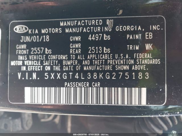 2019 KIA OPTIMA 5XXGT4L38KG275183 Photo 8