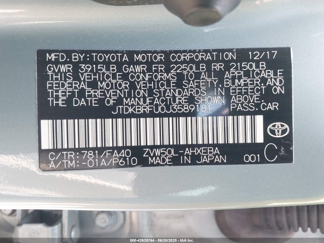 JTDKBRFU0J3589181 Toyota 2zr-fxe,1nm