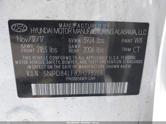 5NPD84LF8JH298223 Hyundai mpi nu