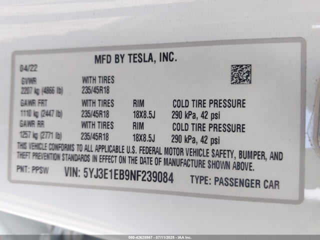 Tesla MODEL 3 2022 5YJ3E1EB9NF239084 Image 9