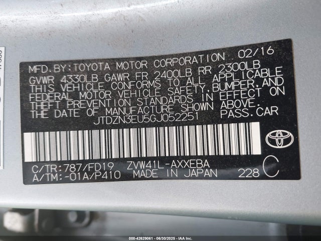 JTDZN3EU5GJ052251 Toyota 2zr-fxe, 5jm