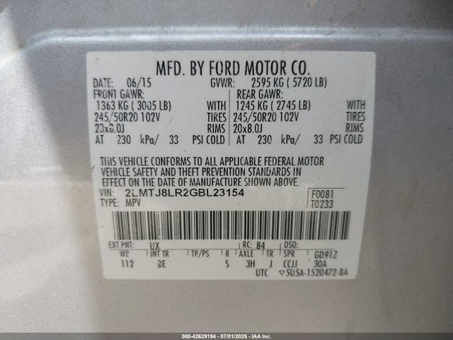 Lincoln MKX 2016 2LMTJ8LR2GBL23154 Image 9