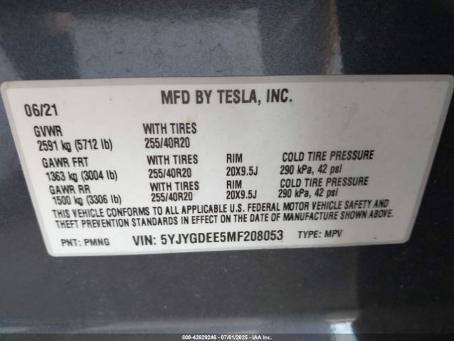 2021 TESLA MODEL Y 5YJYGDEE5MF208053 Photo 8