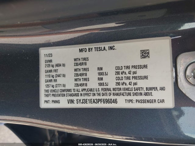 5YJ3E1EA3PF696046 Tesla MODEL 3