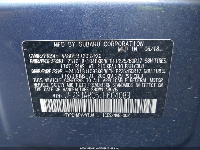 Subaru naturally aspirated u5 2018 JF2SJARC6JH604083 Image 9