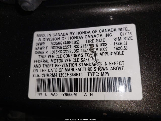 2HKRM4H39EH644611 Honda k24z7