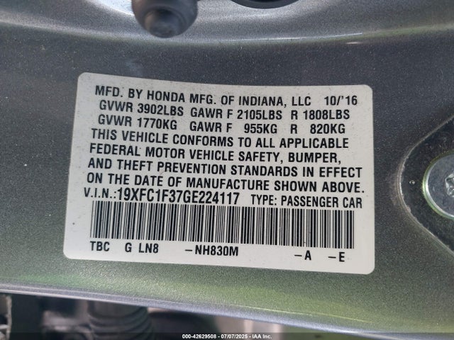 19XFC1F37GE224117 Honda l15b7