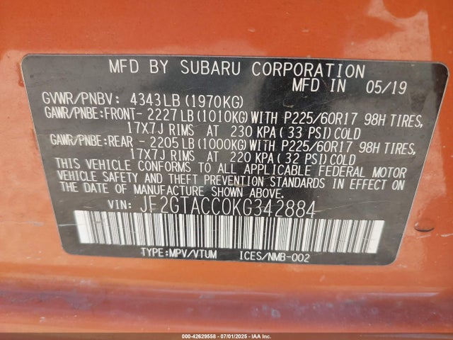 JF2GTACC0KG342884 Subaru naturally aspirated