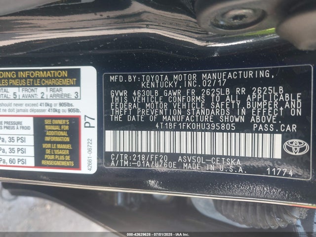 4T1BF1FK0HU395805 Toyota 2ar-fe