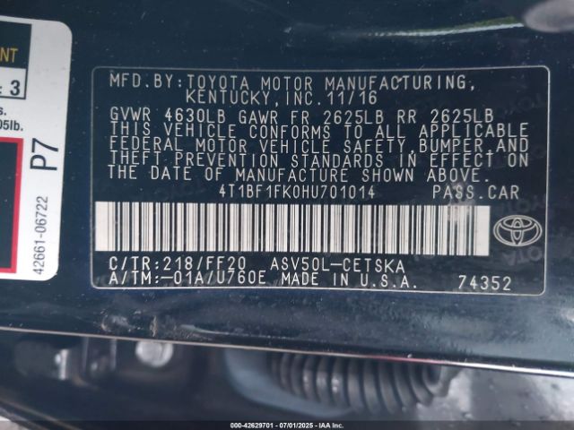 2017 TOYOTA CAMRY 4T1BF1FK0HU701014 Photo 8