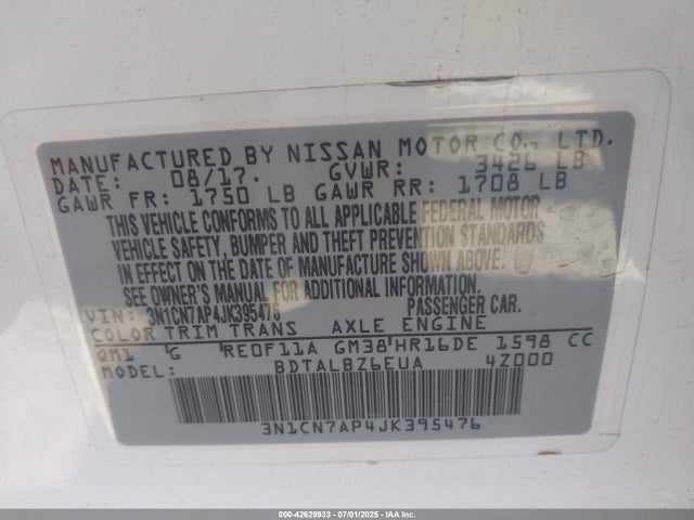 3N1CN7AP4JK395476 Nissan 2018