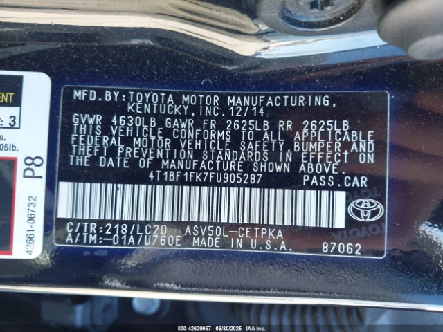 2015 TOYOTA CAMRY 4T1BF1FK7FU905287 Photo 8