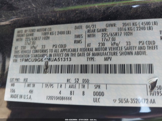 1FMCU9G67MUA51313 Ford dragon di tc