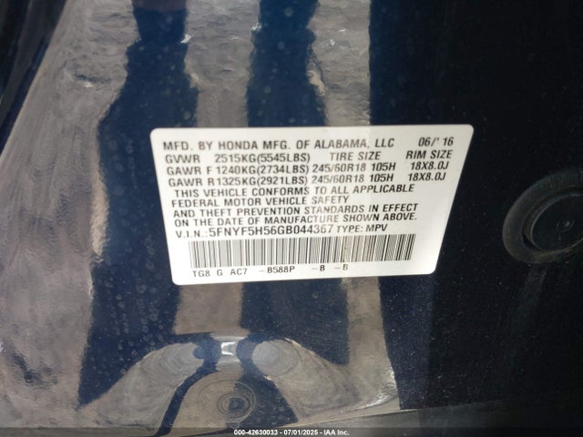 Honda j35y6 2016 5FNYF5H56GB044367 Image 9