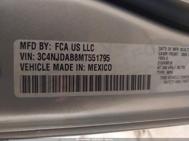 2021 Jeep Compass Sport 4x4 მანქანა იყიდება აუქციონზე, vin: 3C4NJDAB8MT551795, აუქციონის ნომერი: 42630064