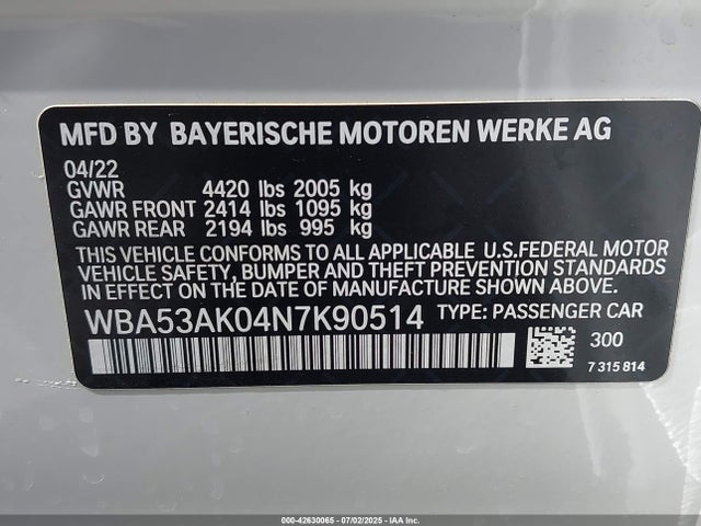 WBA53AK04N7K90514 BMW 2022