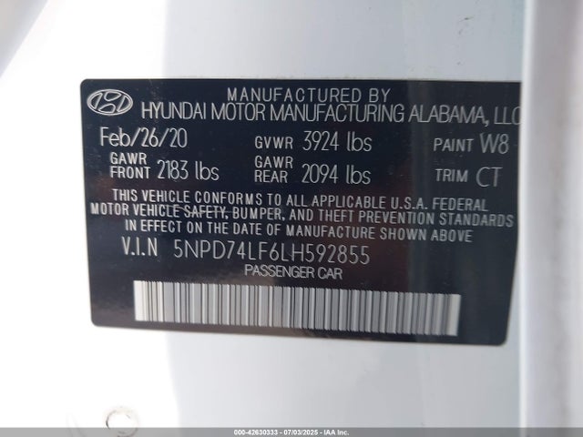 5NPD74LF6LH592855 Hyundai mpi nu