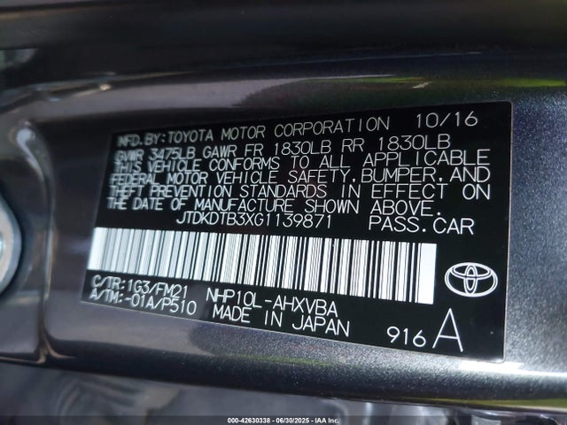 JTDKDTB3XG1139871 Toyota 1nz-fxe+1lm