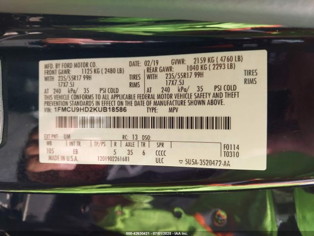 2019 FORD ESCAPE 1FMCU9HD2KUB18586 Photo 8