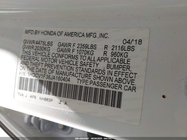 1HGCV1F36JA160404 Honda l15be