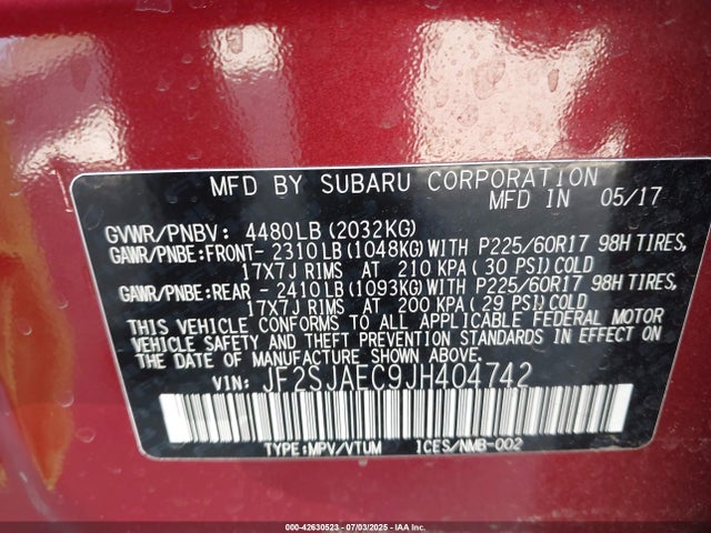 JF2SJAEC9JH404742 Subaru naturally aspirated u5