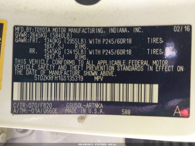 2016 TOYOTA HIGHLANDER 5TDZKRFH1GS135319 Photo 8