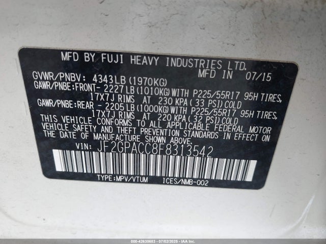 JF2GPACC8F8313542 Subaru 2.0l naturally aapirated