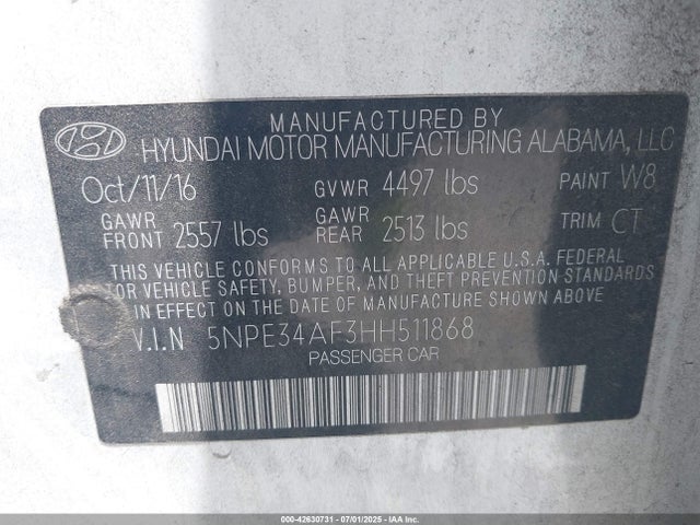 5NPE34AF3HH511868 Hyundai 2017