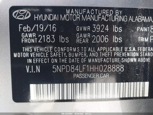 5NPD84LF1HH028888 Hyundai Elantra