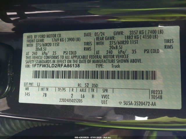 Aukcja sprzedaży 2024 Ford F-150 Xlt, vin: 1FTFW3LD2RFA86138, numer aukcji: 42630929