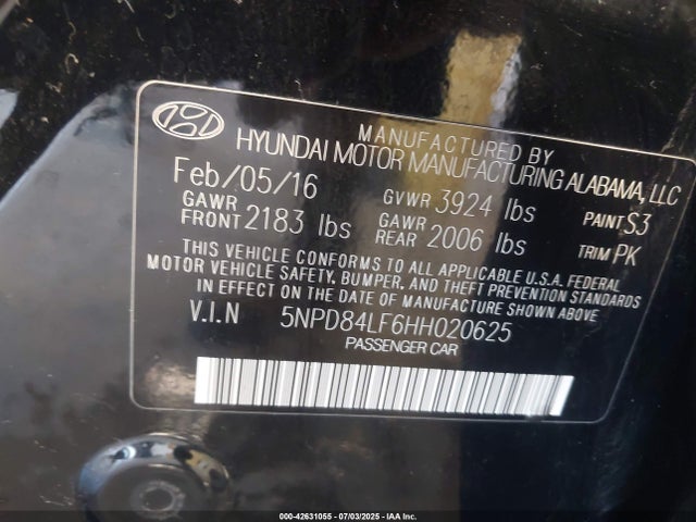 5NPD84LF6HH020625 Hyundai 2017